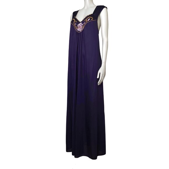 Vintage 70s Vanity Fair Purple Embroidered Slip Long Nightgown M/L Romantic Glam - Picture 3 of 14